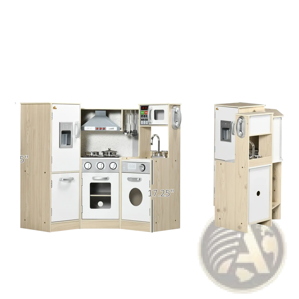 Kids wooden kitchen playset with sound effects featuring light wood and white plastic with stainless steel accents