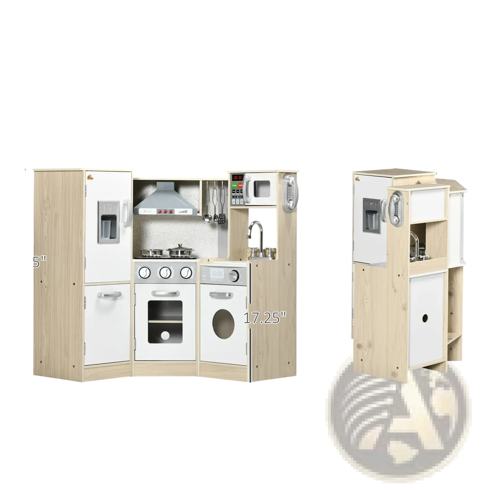 Kids wooden kitchen playset with sound effects featuring light wood and white plastic with stainless steel accents