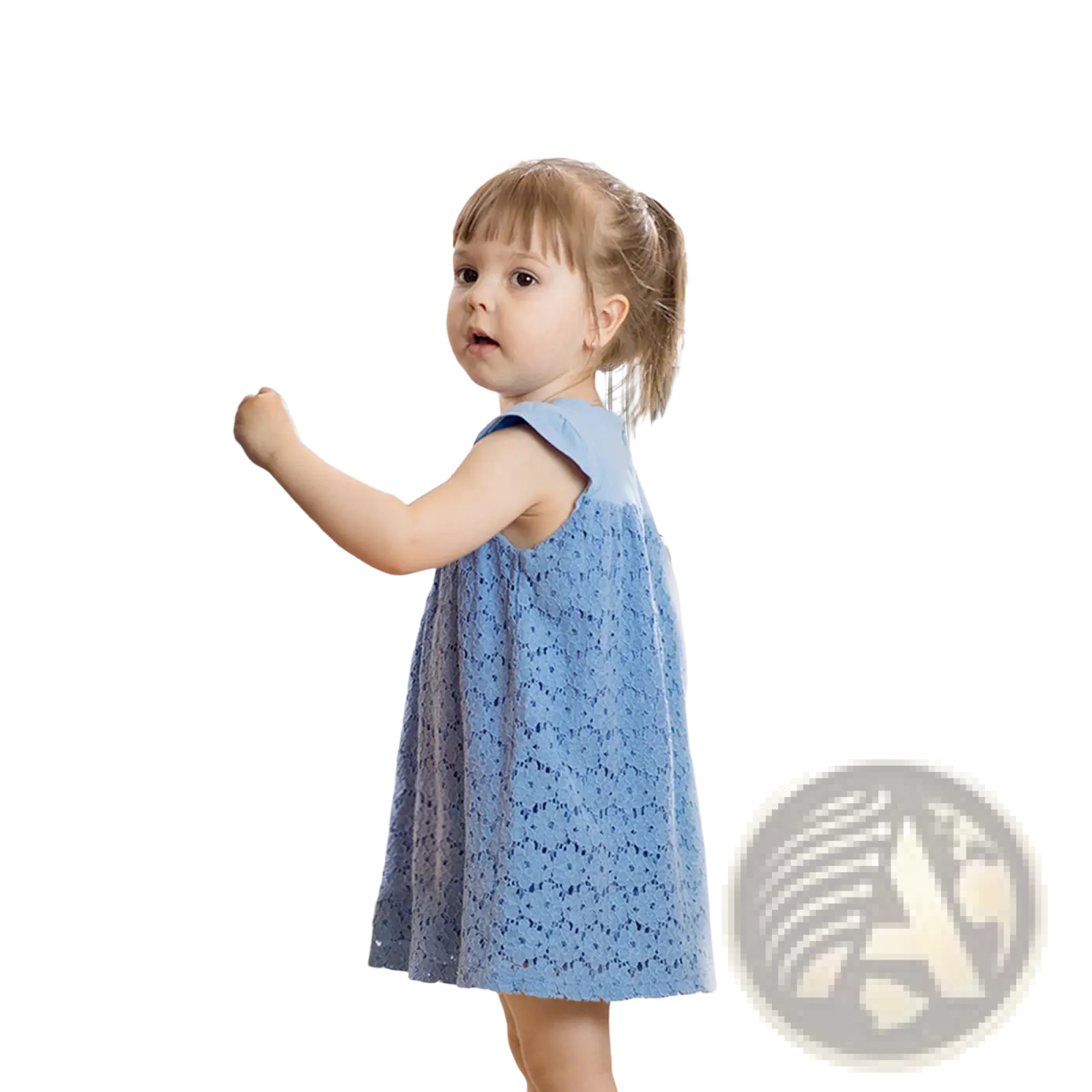 Blue lace dress paired with kids wooden kitchen playset featuring sound effects and toy accessories for imaginative play