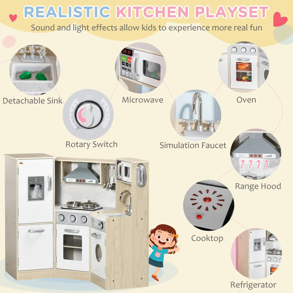 Kids wooden kitchen playset with white appliances, silver accents, sound effects, and toy accessories