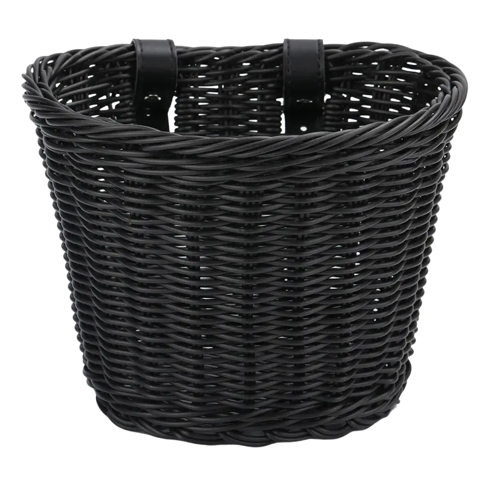 Black woven kids bicycle basket set featuring leather straps with bell and tassels for bike accessory use