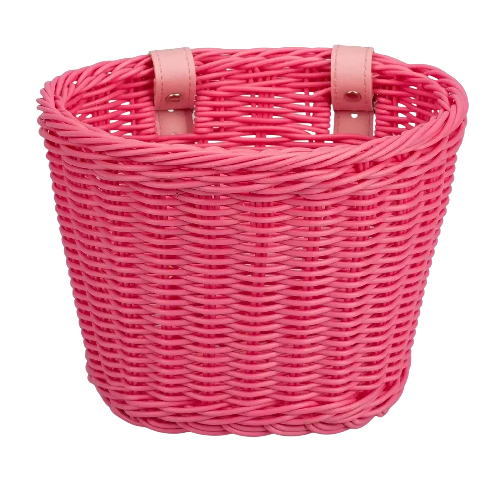Bright pink woven kids bicycle basket with light pink leather straps from basket set with bell and tassels