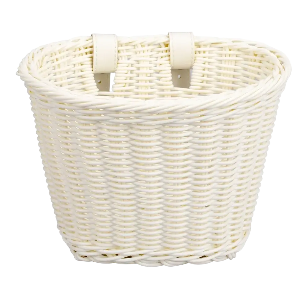 Cream-colored woven wicker kids bicycle basket with two leather straps for attachment included in a bell and tassels set