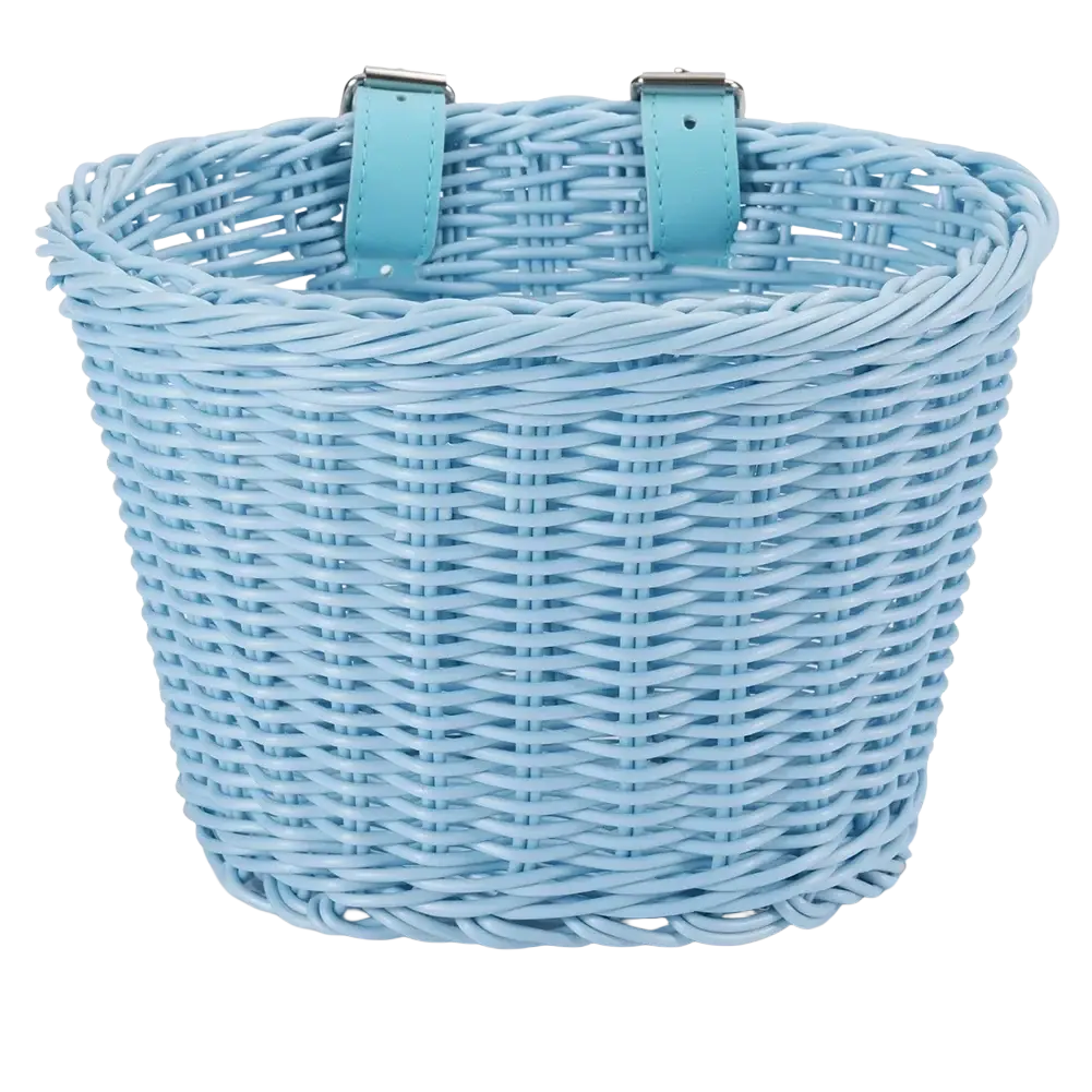 Light blue woven kids bicycle basket with matching leather straps and metal buckles for easy attachment