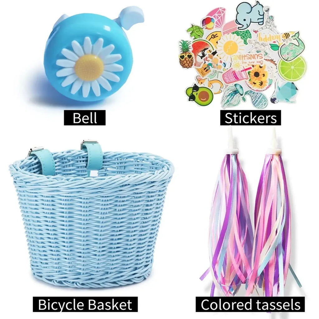 Light blue woven kids bicycle basket set with matching straps bell and tassels for secure bike storage