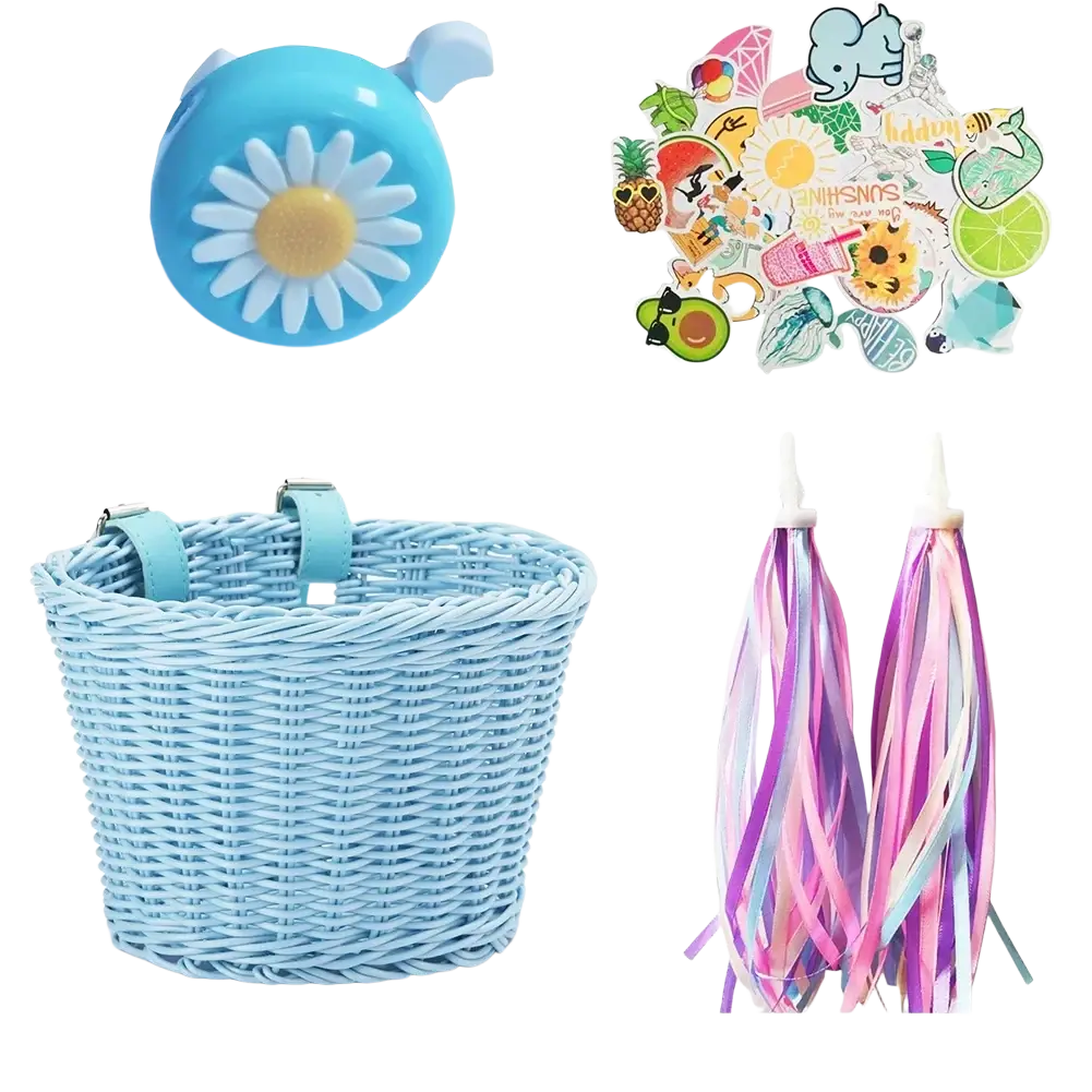 Light blue woven kids bicycle basket set with matching straps bell and tassels for secure bike storage