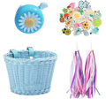 Light blue woven kids bicycle basket set with matching straps bell and tassels for secure bike storage