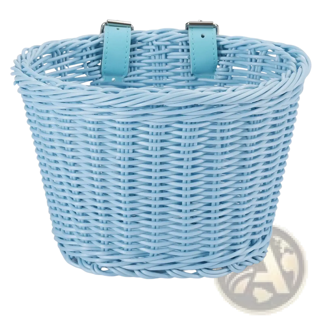 Kids woven bicycle basket set in light blue woven material with matching leather straps and metal buckles
