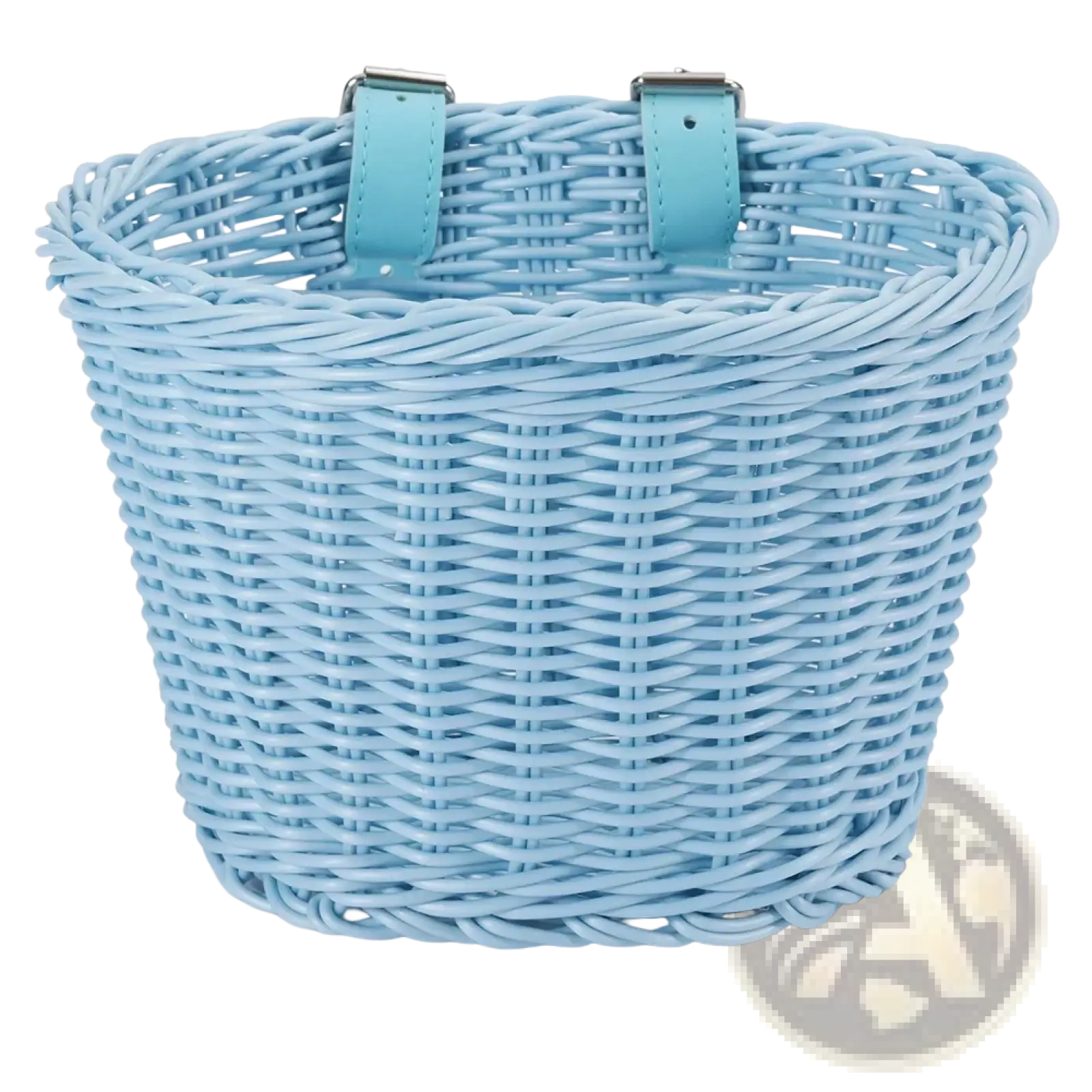 Kids woven bicycle basket set in light blue woven material with matching leather straps and metal buckles