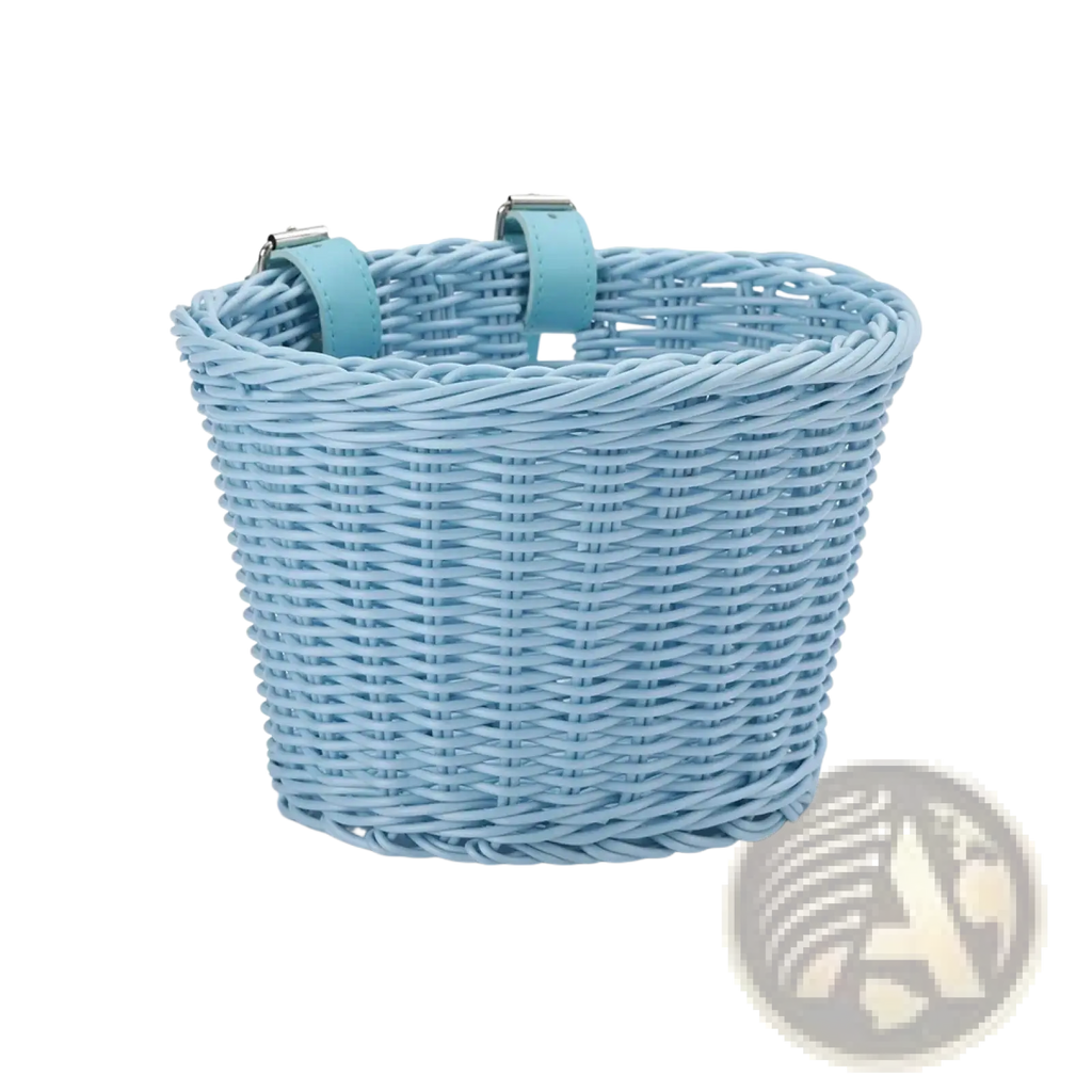 Light blue woven kids bicycle basket with leather straps included in a basket set with bell and tassels