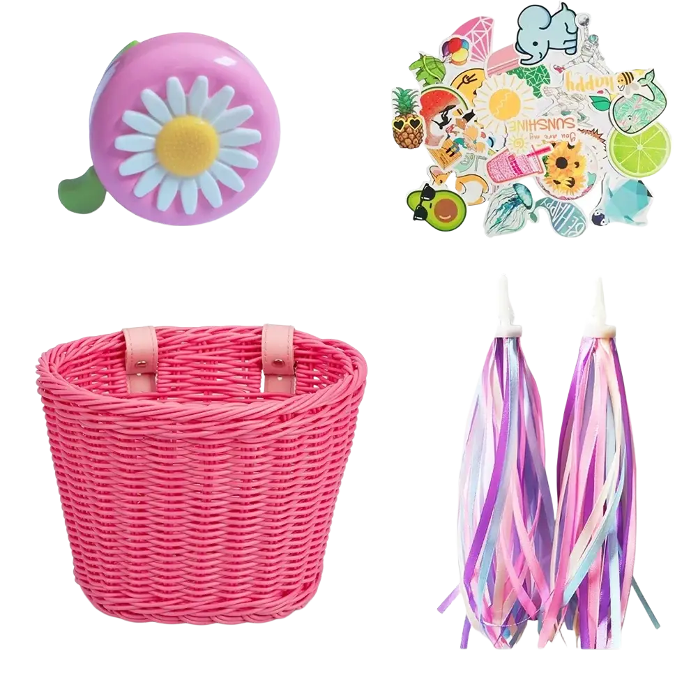 Pink woven bicycle basket with pink leather straps from kids woven bicycle basket set with bell and tassels