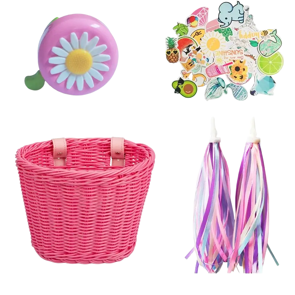 Pink woven kids bicycle basket with pink leather straps featuring bell and tassels for decorative use