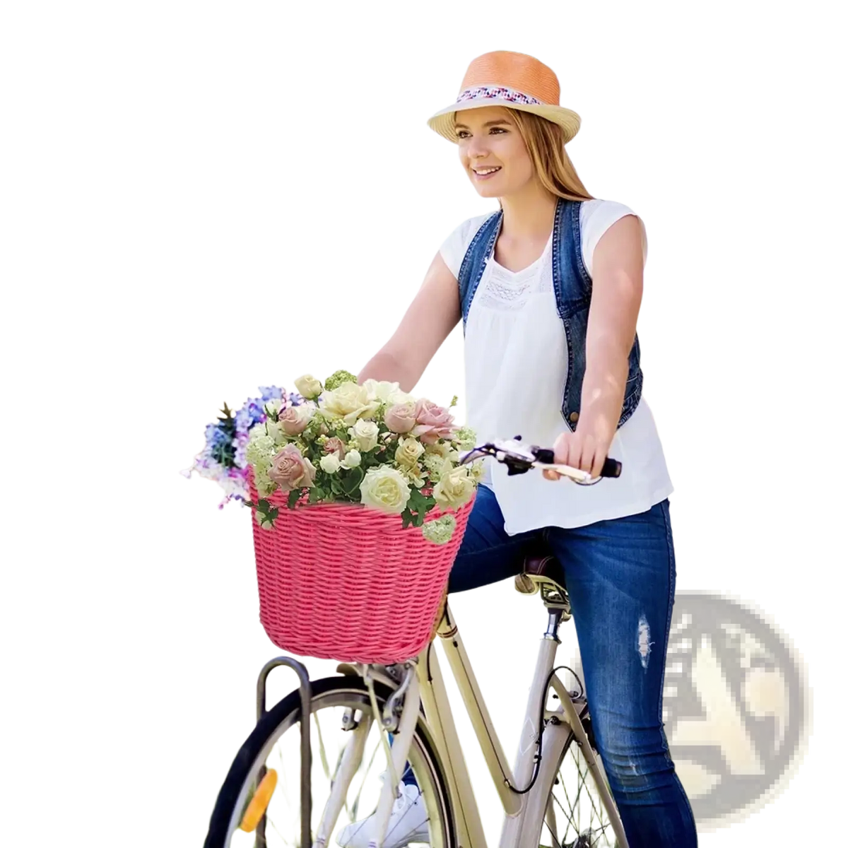 Kids woven bicycle basket set in pink featuring a woven design filled with a bouquet of pastel flowers