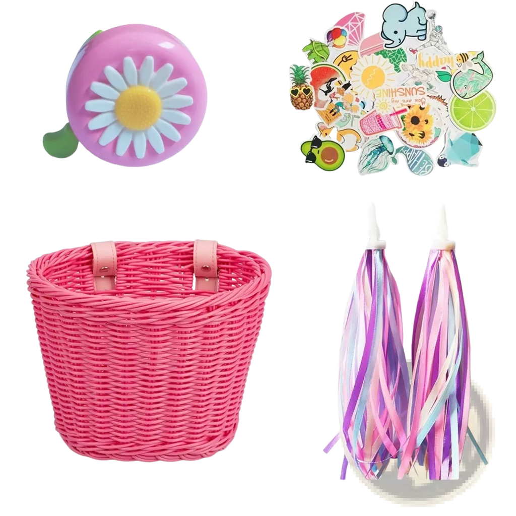 Pink woven bicycle basket with pink leather straps from kids woven bicycle basket set with bell and tassels
