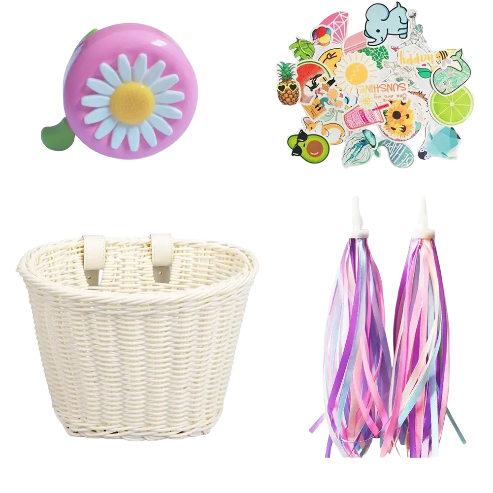 Pink plastic bicycle bell with white daisy design and green stem in kids woven bicycle basket set with tassels