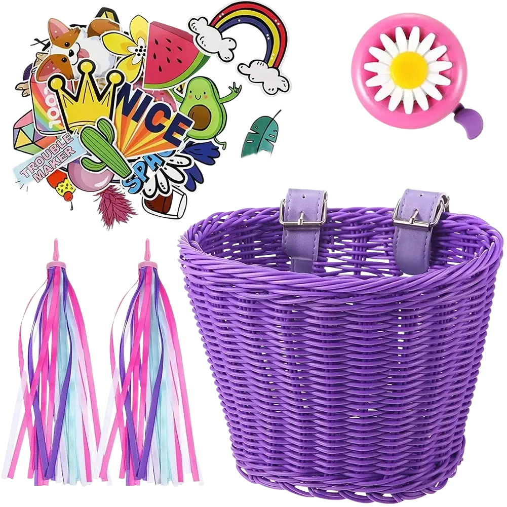 Kids woven bicycle basket set featuring a purple woven basket with silver buckles for secure attachment