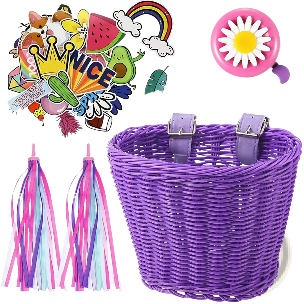 Kids woven bicycle basket set featuring a purple woven basket with silver buckles for secure attachment