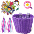Kids woven bicycle basket set featuring a purple woven basket with silver buckles for secure attachment