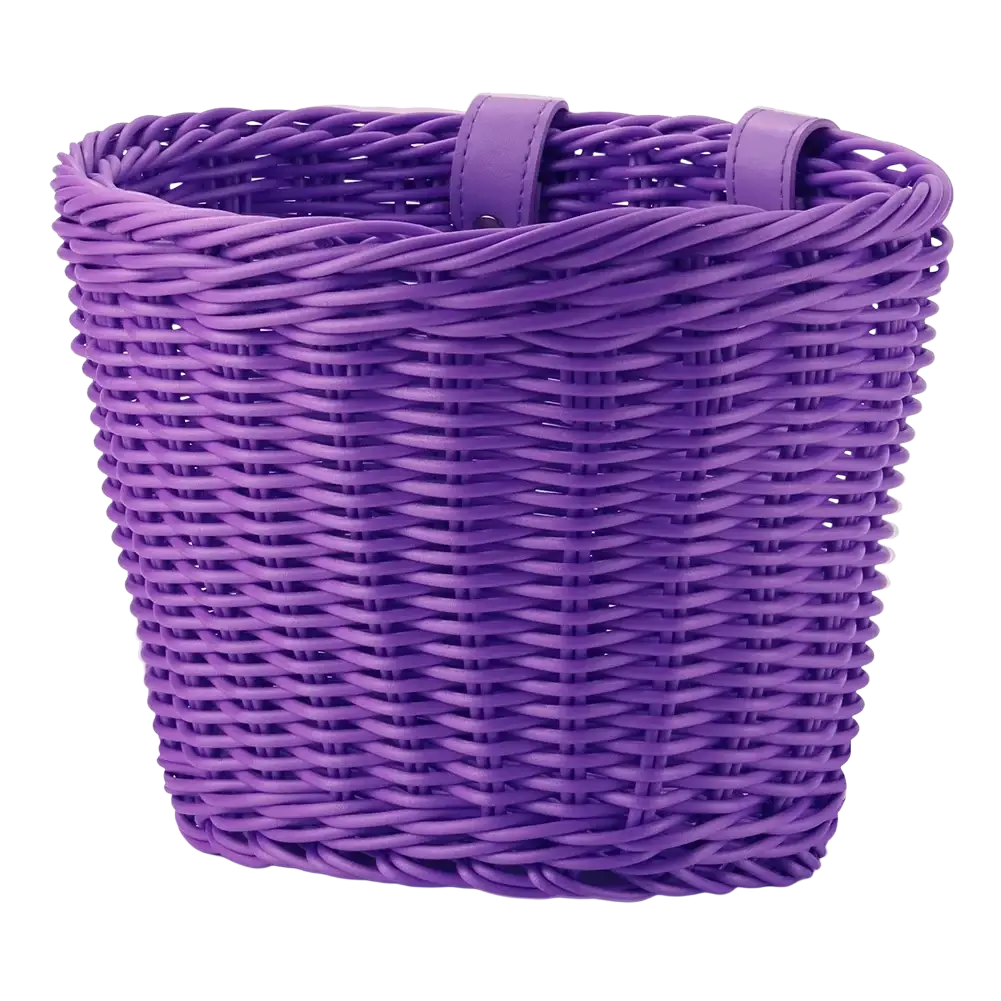 Kids woven bicycle basket set featuring a purple woven wicker basket with leather handles for secure carrying
