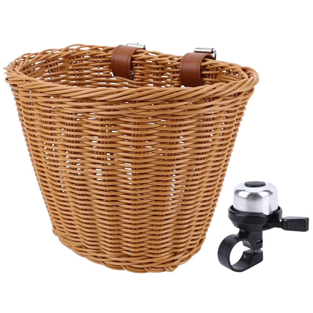 Kids woven bicycle basket set showing tan wicker basket with brown leather straps and silver metal hardware