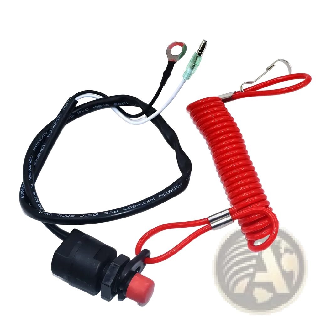 Kill stop switch lanyard with red coiled safety tether black and white wiring metal connectors and red button switch