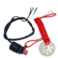 Kill stop switch lanyard with red coiled safety tether black and white wiring metal connectors and red button switch