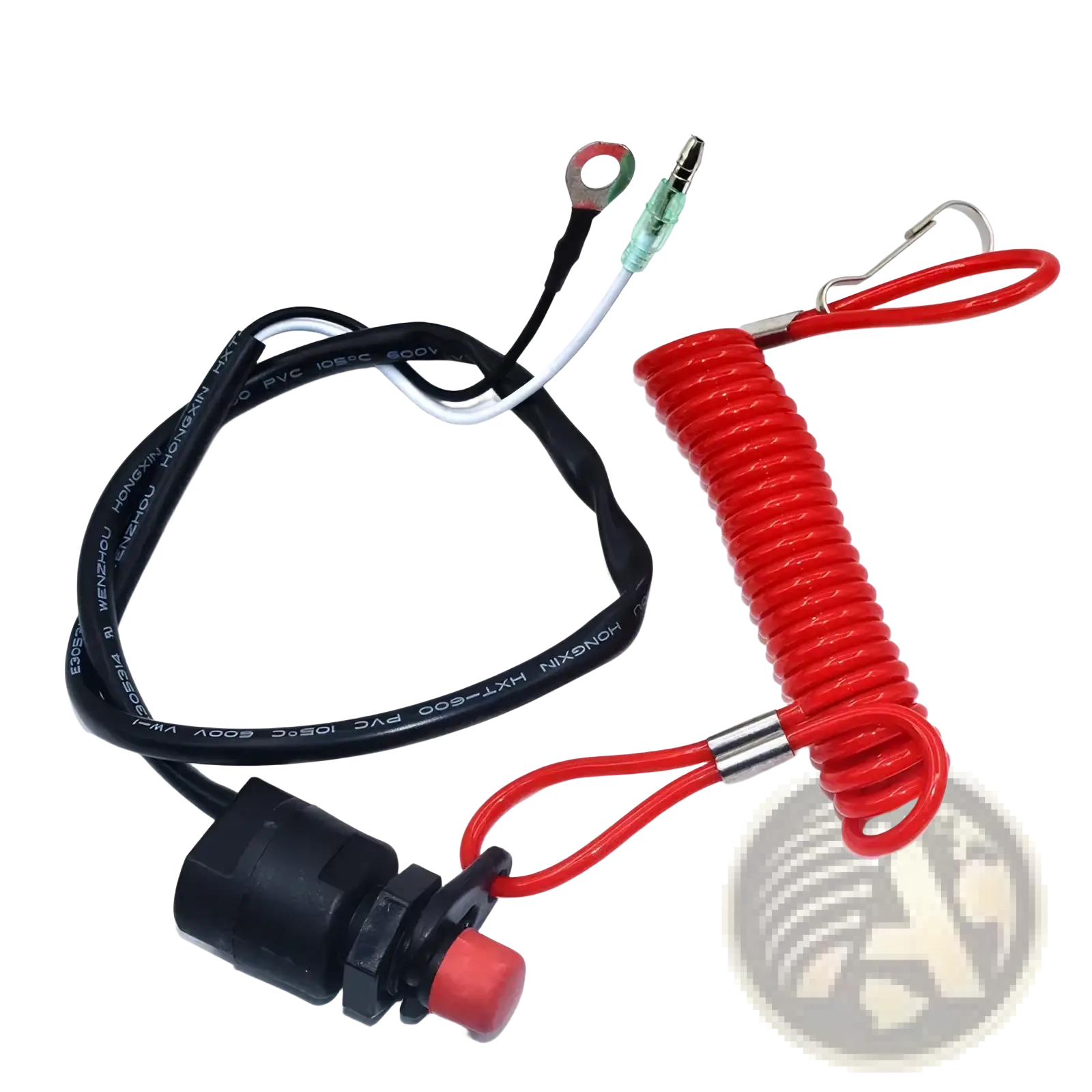 Kill stop switch lanyard with red coiled safety tether black and white wiring metal connectors and red button switch