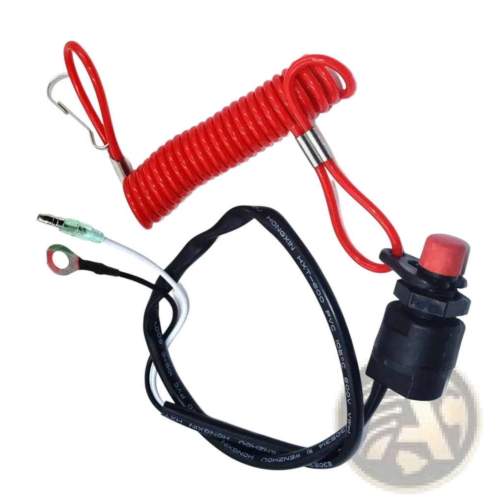 Red coiled kill stop switch lanyard with metal carabiner and black wiring for outboard motor ATV scooter safety