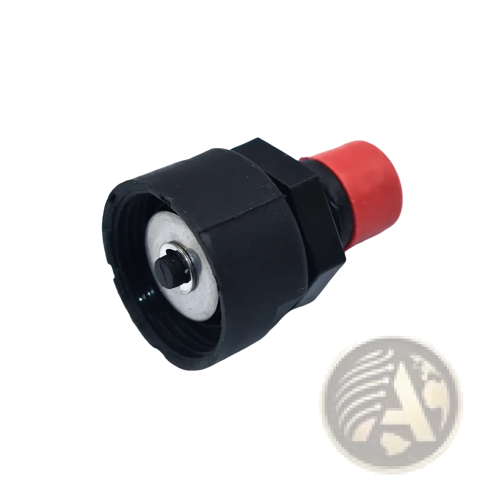 Black and red plastic kill stop switch connector with hexagonal body, threaded opening, and central screw for atv lanyard