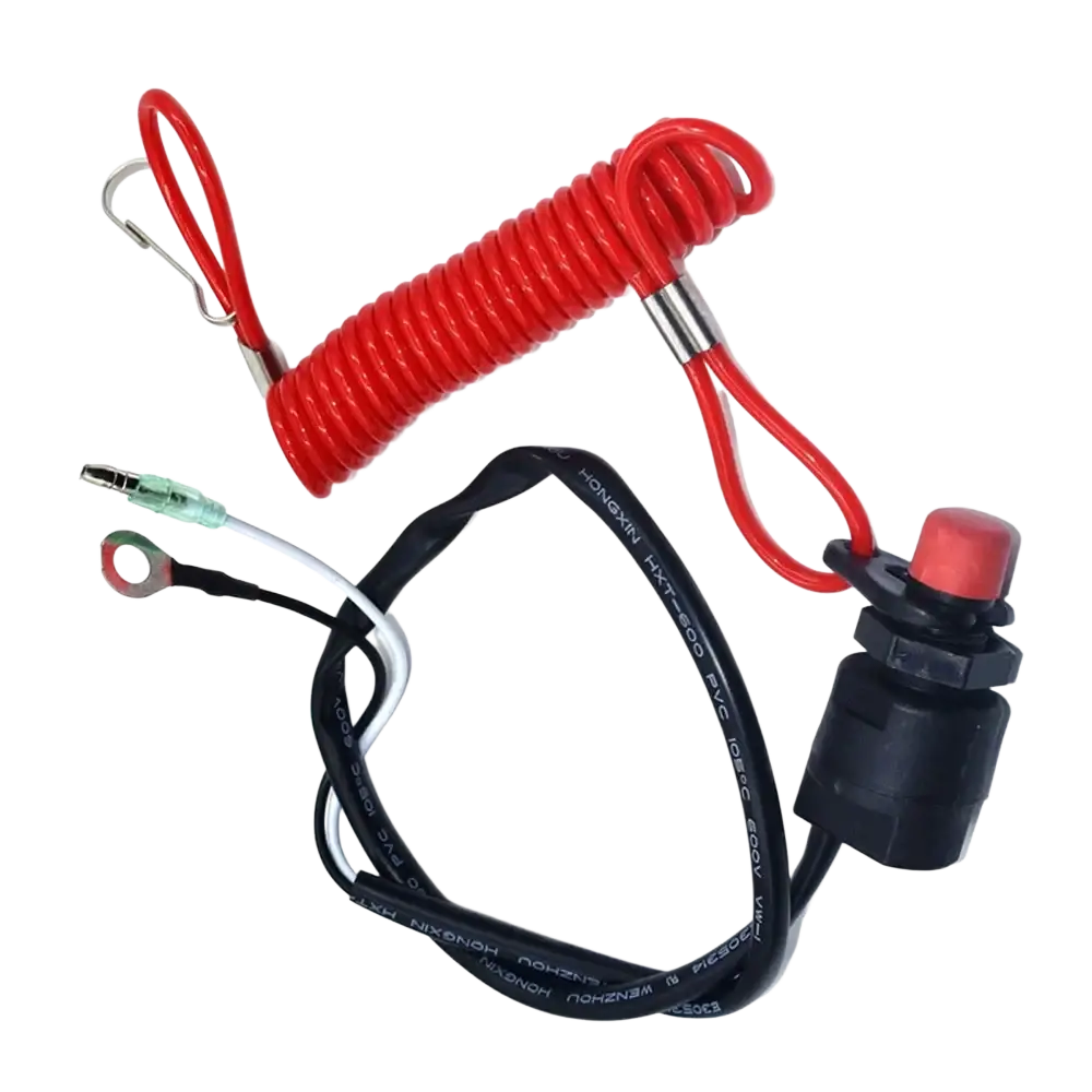 Red coiled kill stop switch lanyard with metal carabiner and black wiring for outboard motor ATV scooter safety