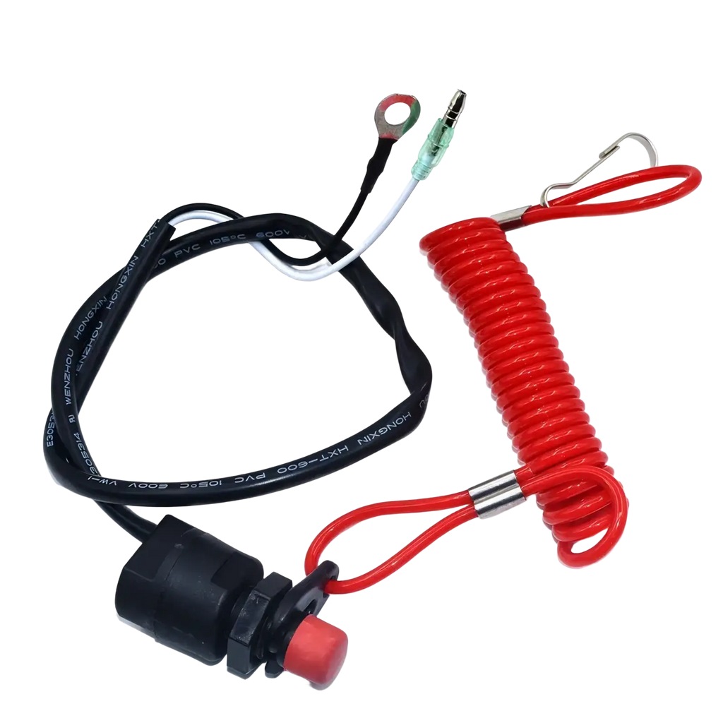 Kill stop switch lanyard with red coiled safety tether black and white wiring metal connectors and red button switch