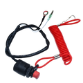 Kill stop switch lanyard with red coiled safety tether black and white wiring metal connectors and red button switch