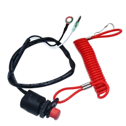 Kill stop switch lanyard with red coiled safety tether black and white wiring metal connectors and red button switch