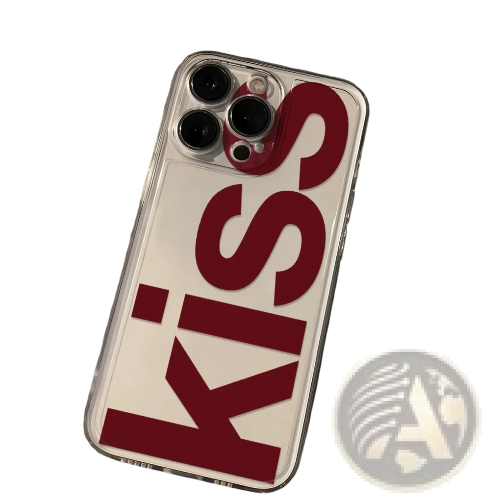 Back side of kiss iphone clear silicone case featuring bold red kiss lettering on a transparent phone cover