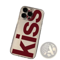 Back side of kiss iphone clear silicone case featuring bold red kiss lettering on a transparent phone cover
