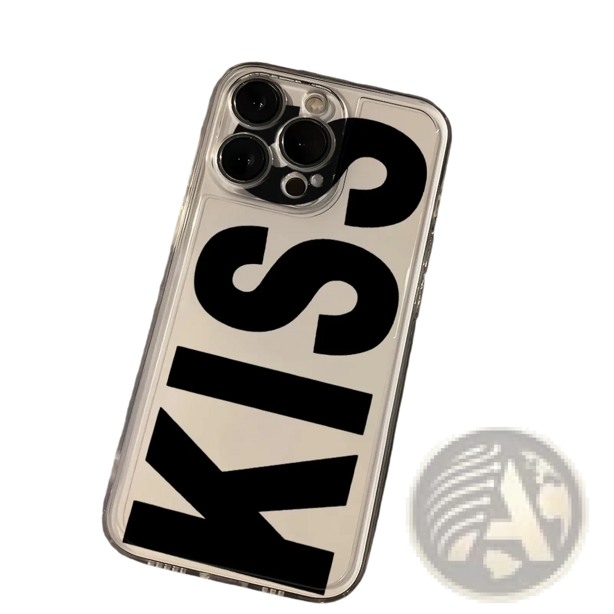 Clear silicone iphone case featuring bold black kiss lettering on white background shown from the back side