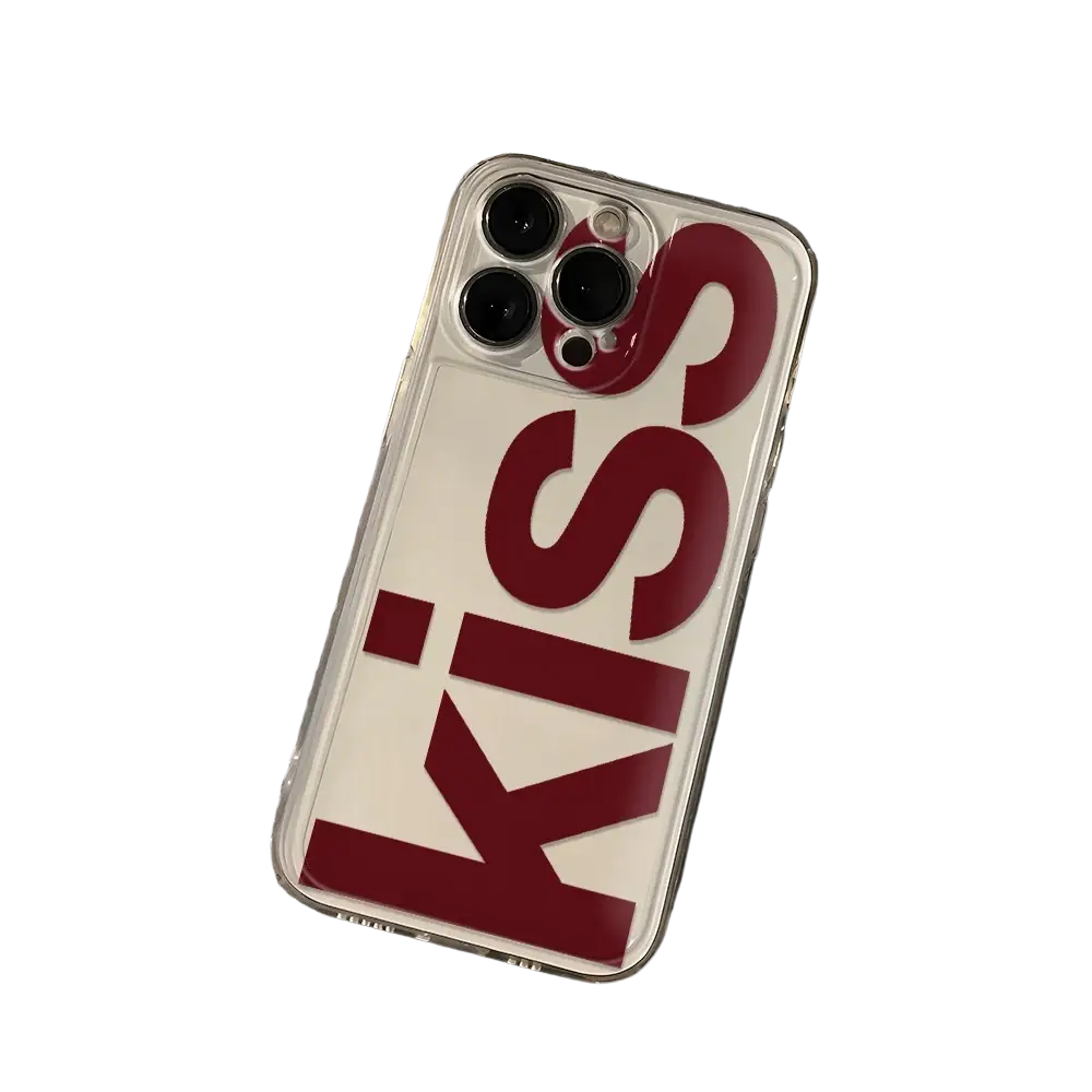 Back side of a clear silicone iPhone case with bold red kiss lettering for phone protection