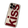 Back side of kiss iphone clear silicone case featuring bold red kiss lettering on a transparent phone cover