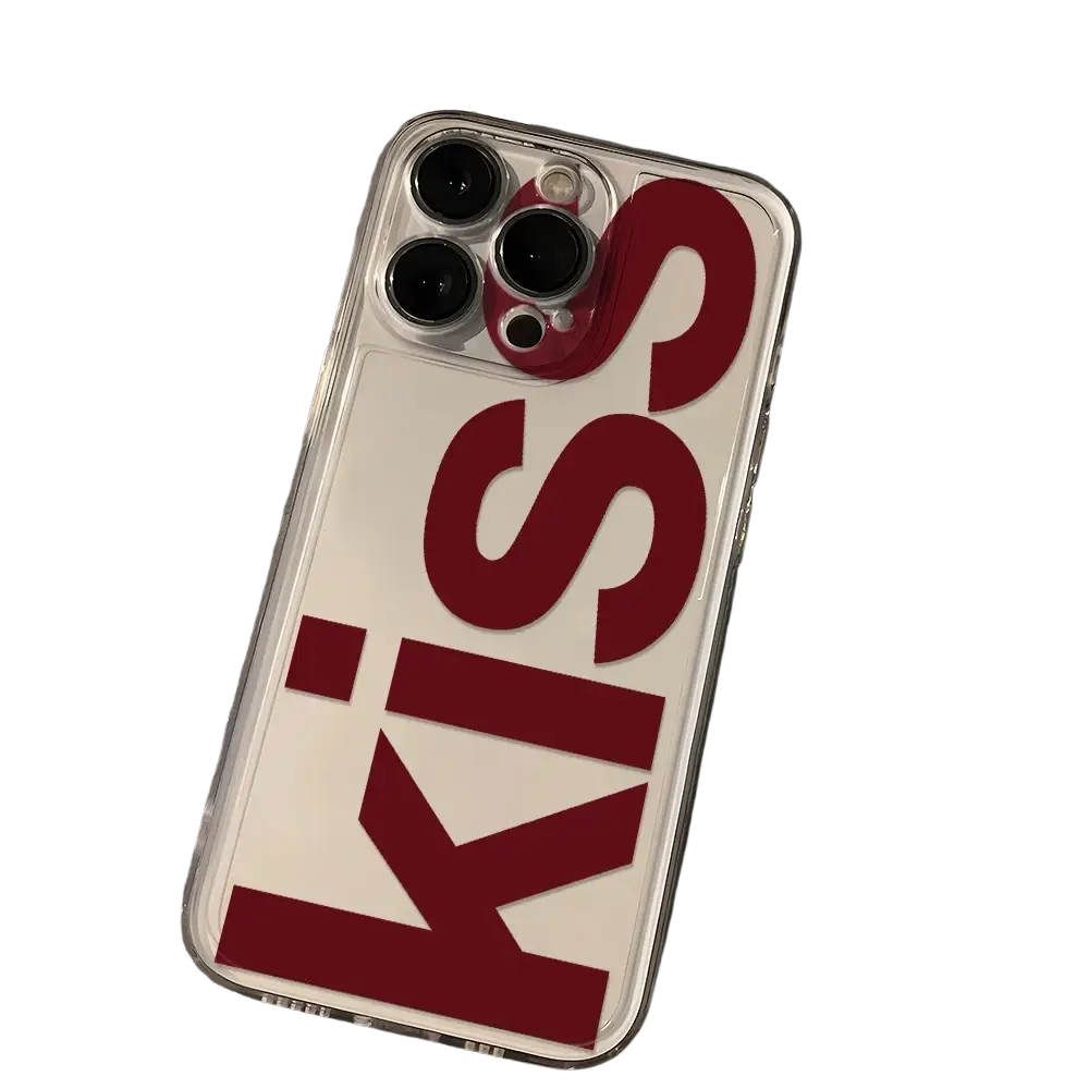 Back side of kiss iphone clear silicone case featuring bold red kiss lettering on a transparent phone cover