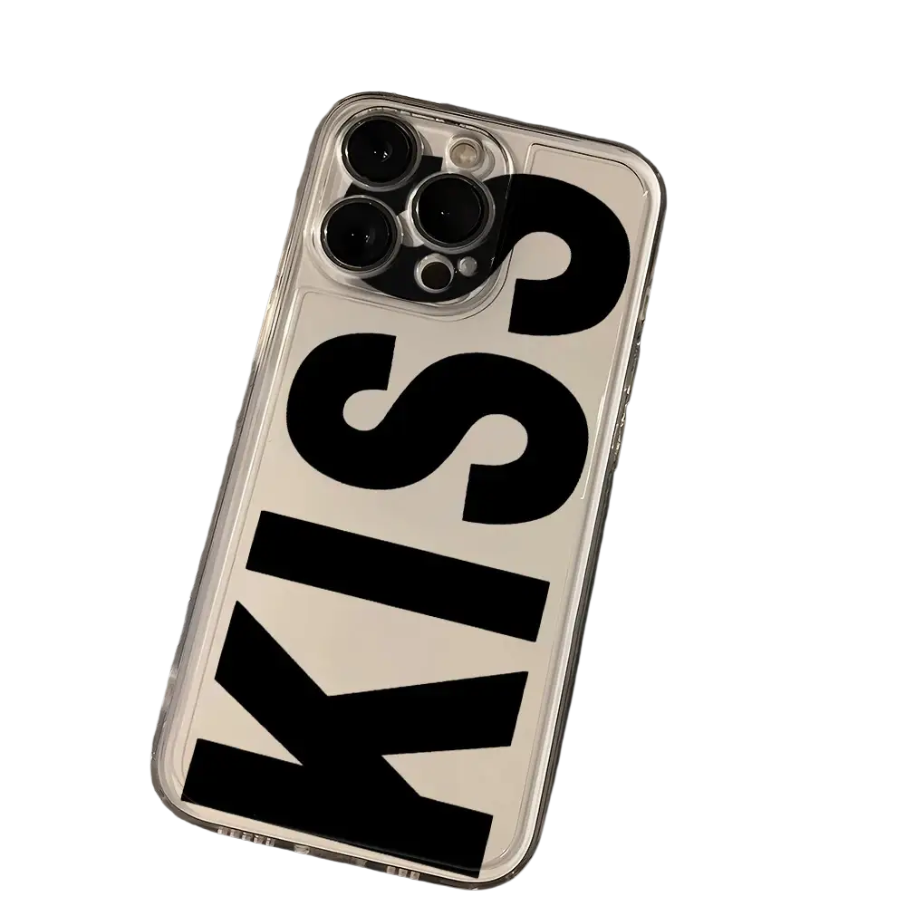 Clear silicone iphone case featuring bold black kiss lettering on white background shown from the back side