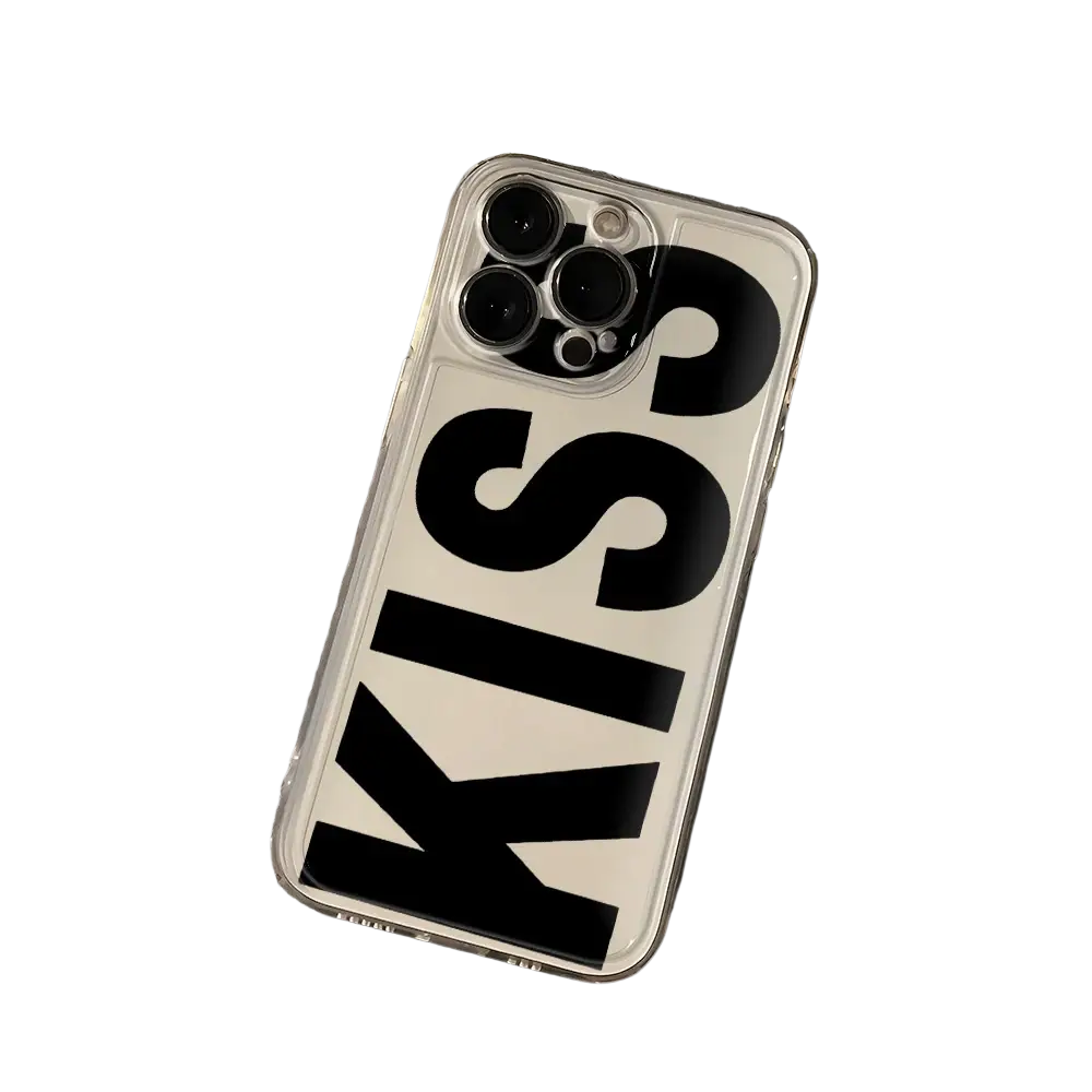 Clear silicone iphone case with bold black kiss lettering in modern sans-serif font shown from the back side