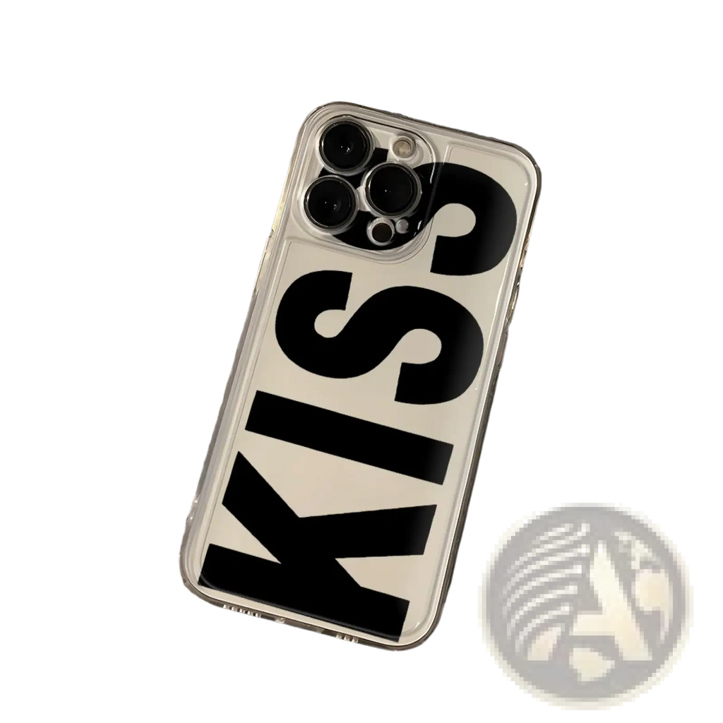 Clear silicone iphone case with bold black kiss lettering in modern sans-serif font shown from the back side
