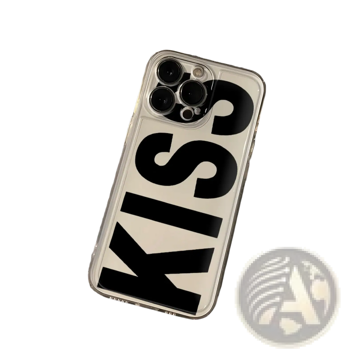 Clear silicone iphone case with bold black kiss lettering in modern sans-serif font shown from the back side