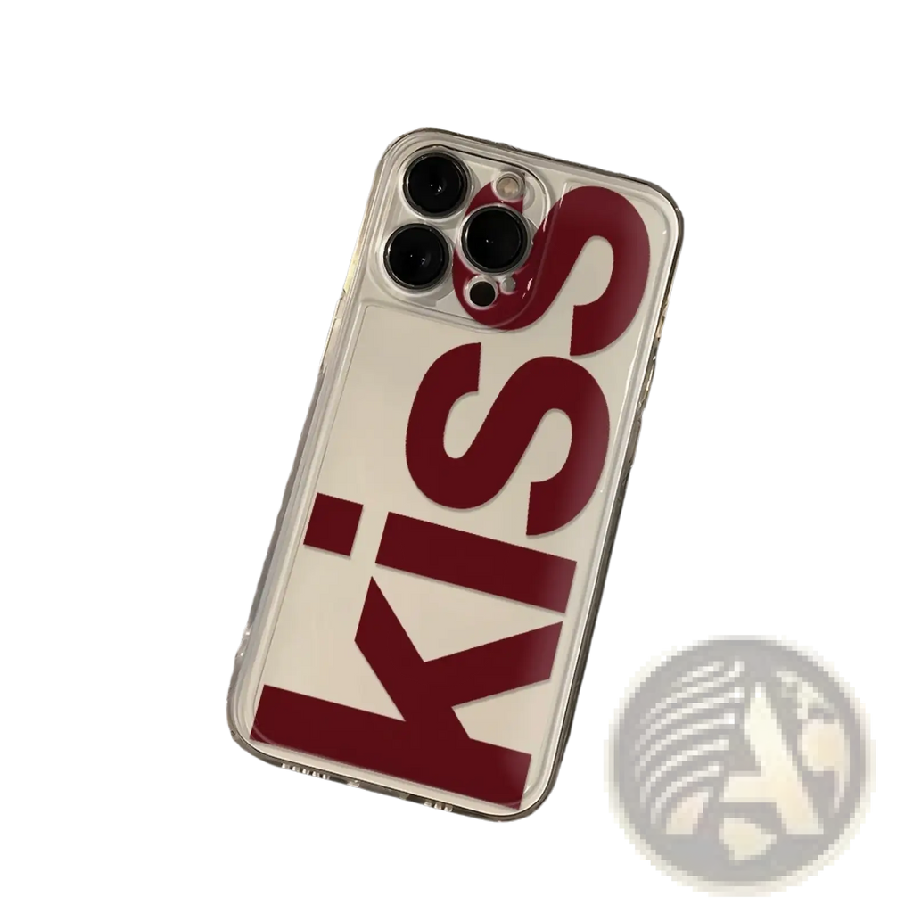 Back side of a clear silicone iPhone case with bold red kiss lettering for phone protection