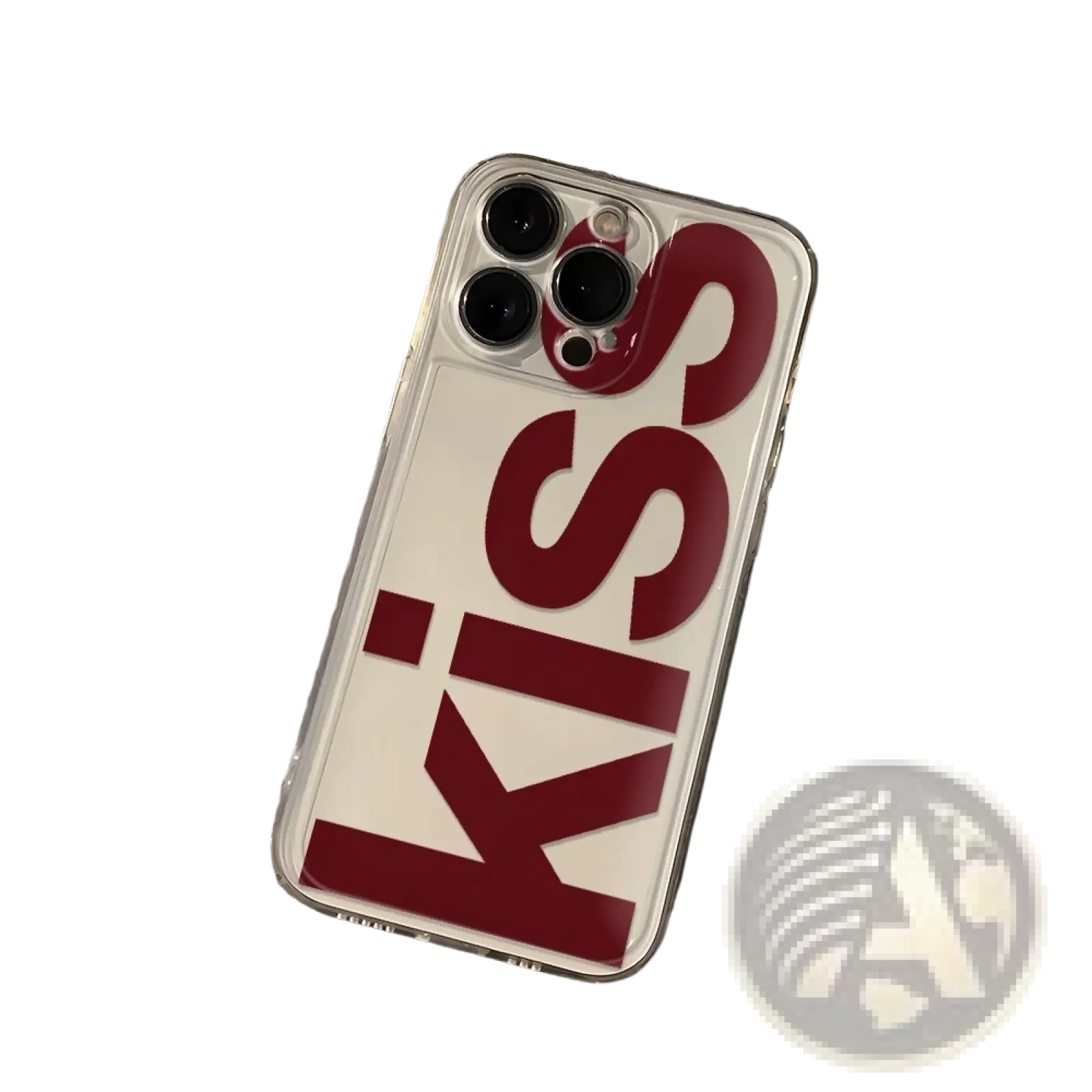 Back side of a clear silicone iPhone case with bold red kiss lettering for phone protection