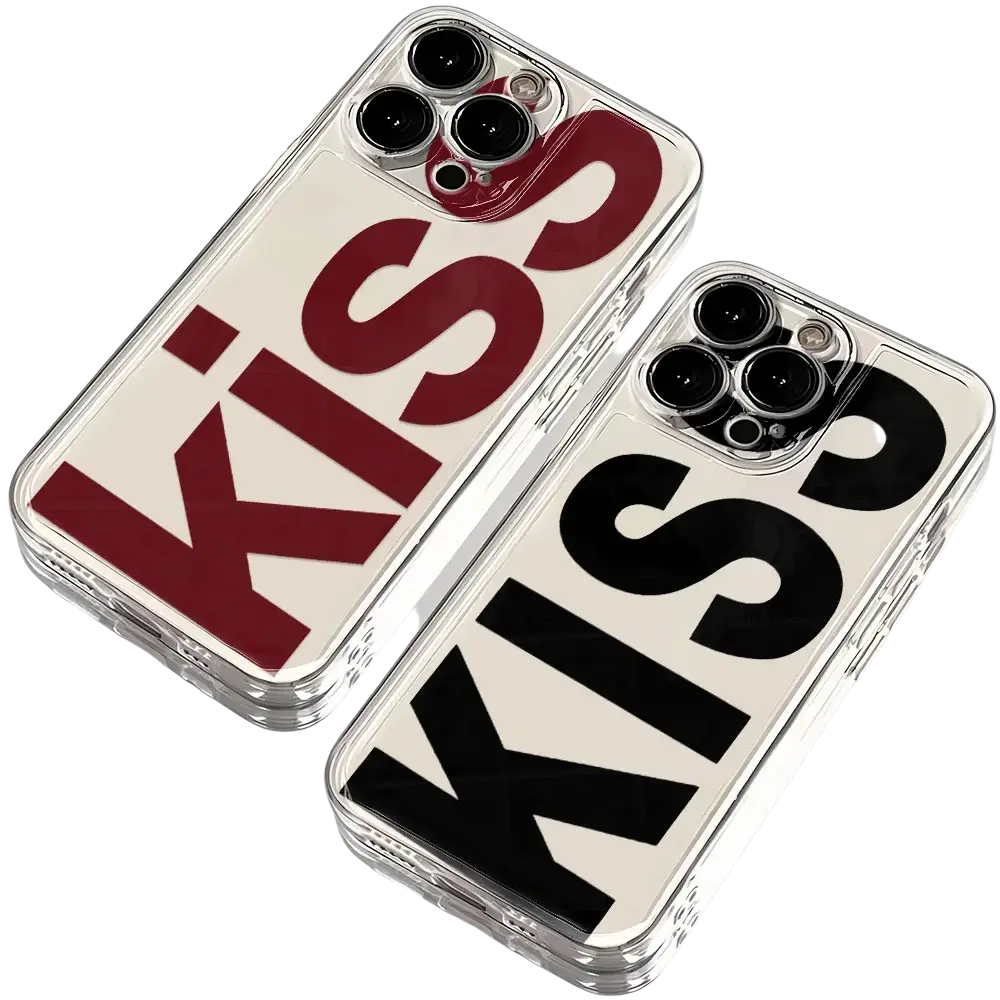 Clear silicone kiss iPhone case showing the back with bold maroon and black lettering on white background