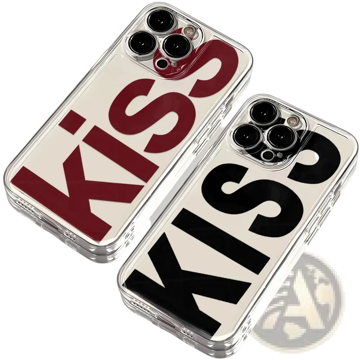 Clear silicone kiss iPhone case showing the back with bold maroon and black lettering on white background