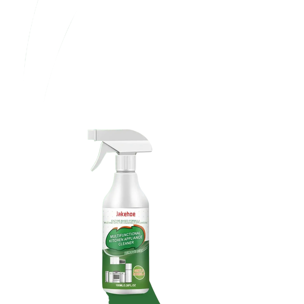 White spray bottle with green label and white trigger labeled jakehoe multifunctional kitchen appliance cleaner degreaser spray