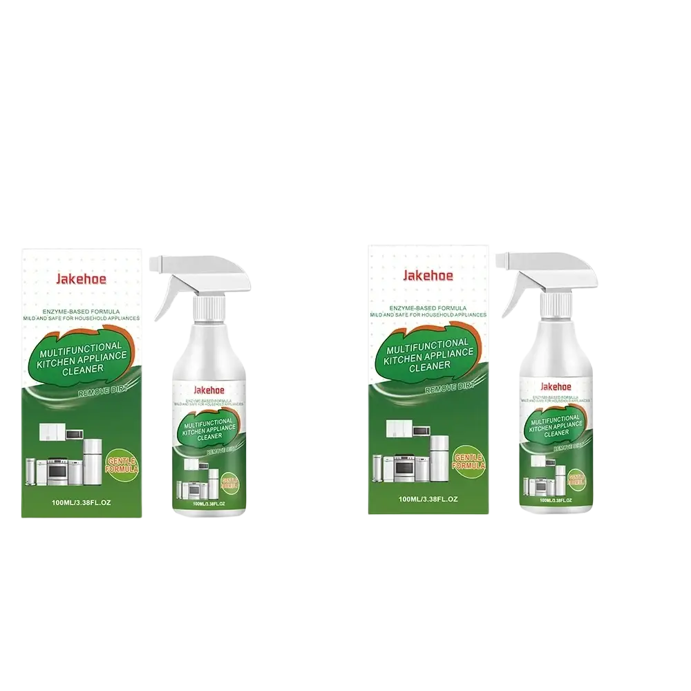 White spray bottles with green and white labels branded jakehoe multifunctional kitchen appliance cleaner degreaser spray