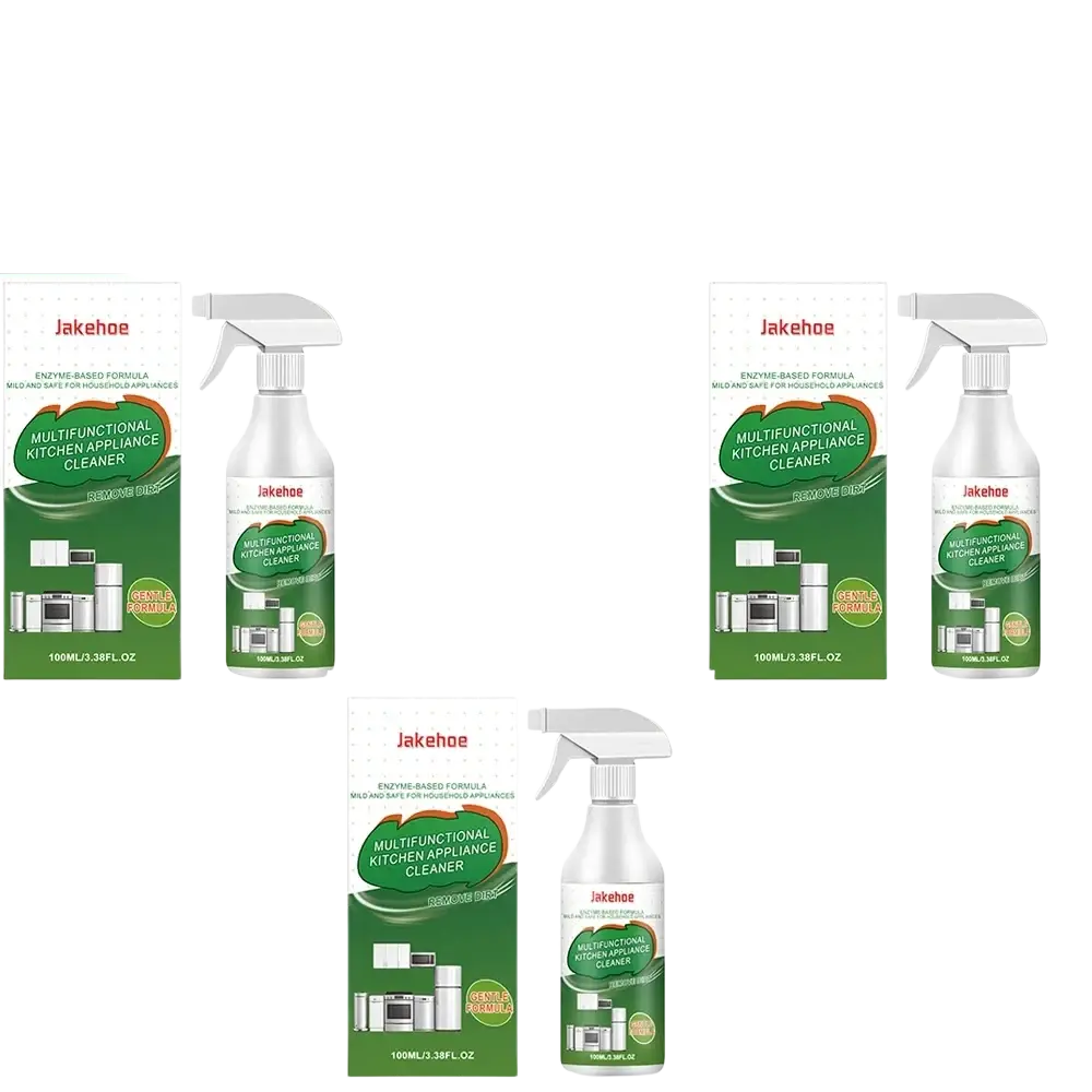 White spray bottles with green and white labels containing 100ml jakehoe multifunctional kitchen appliance cleaner degreaser spray